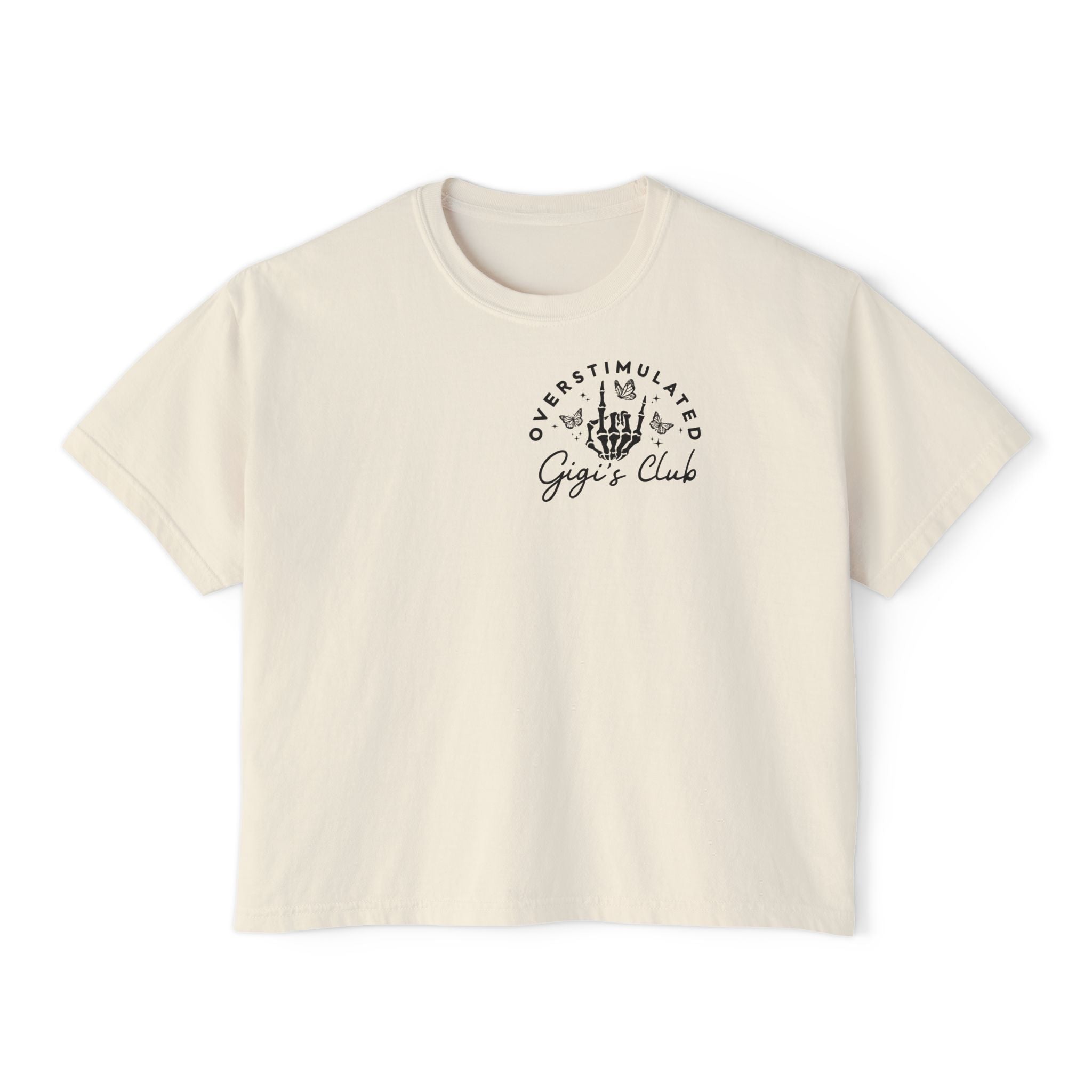Oversimulated Gigi's Club Boxy Tee — Vintage Skeleton Hand Graphic