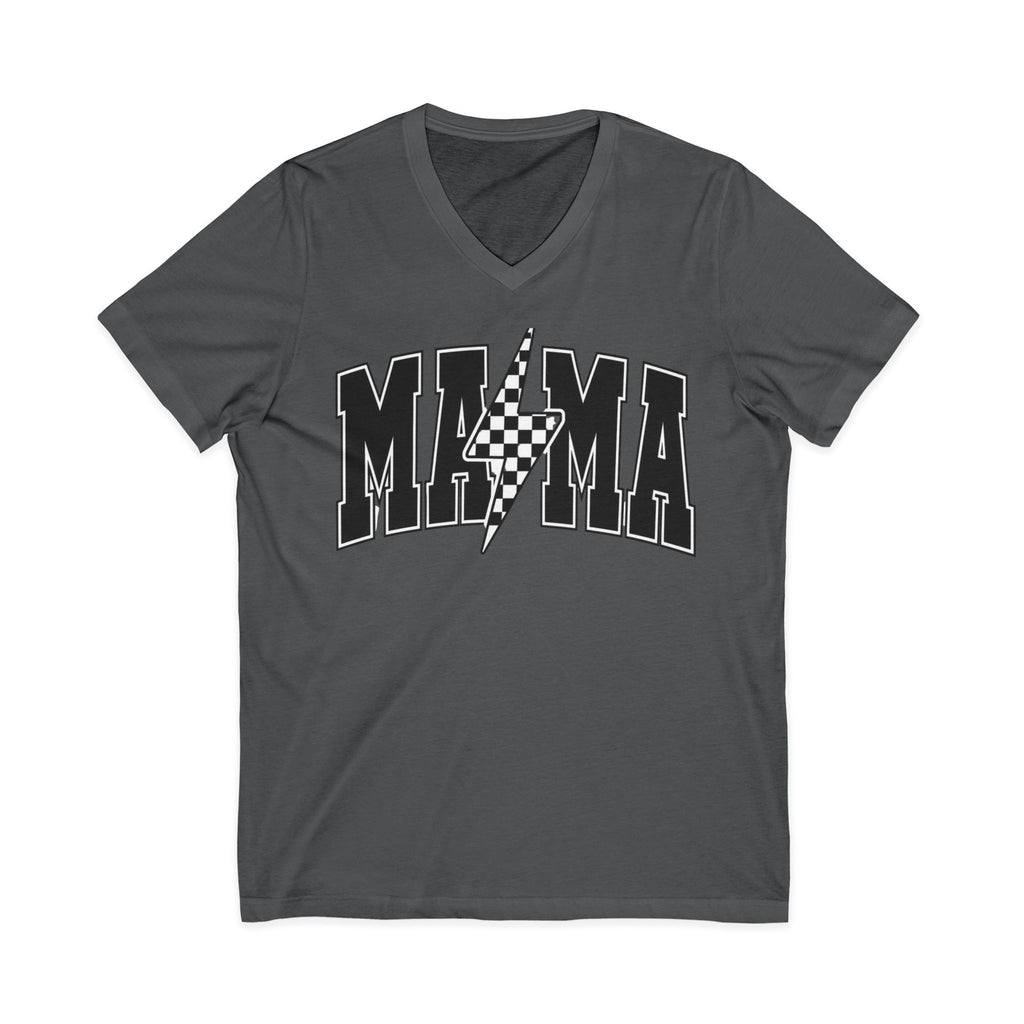 Mama Lightning Bolt V-Neck Tee — Racing Checkered Graphic for Moms
