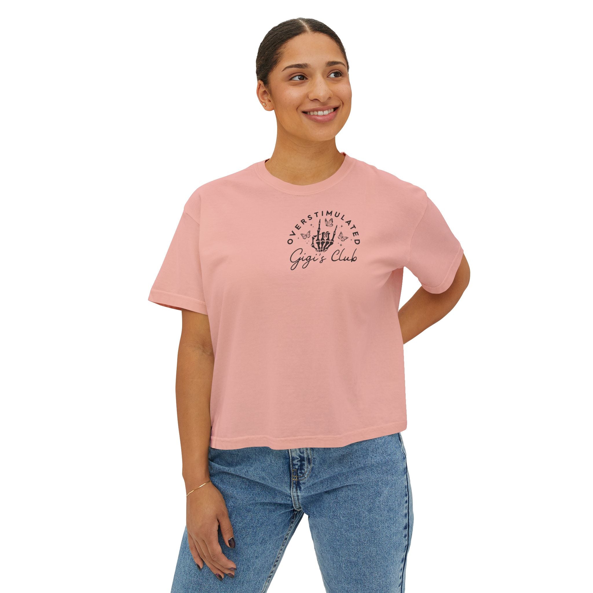Oversimulated Gigi's Club Boxy Tee — Vintage Skeleton Hand Graphic