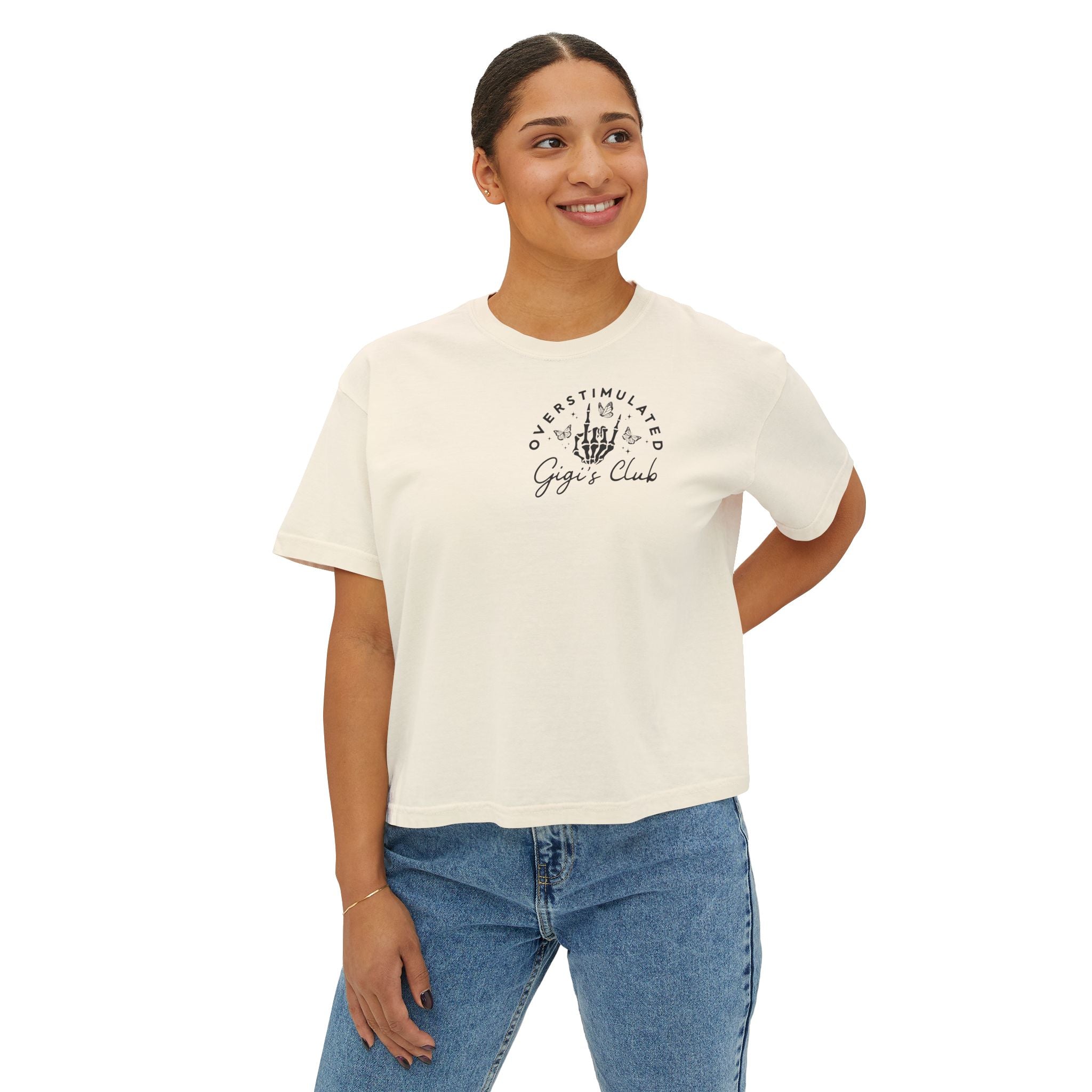 Oversimulated Gigi's Club Boxy Tee — Vintage Skeleton Hand Graphic