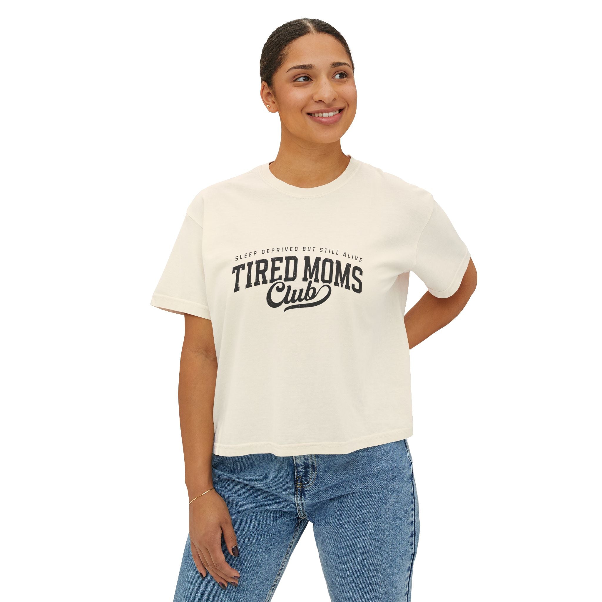 Tired Moms Club Boxy Tee — Funny Mom Shirt, 'Sleep Deprived But Still Alive' Casual Top