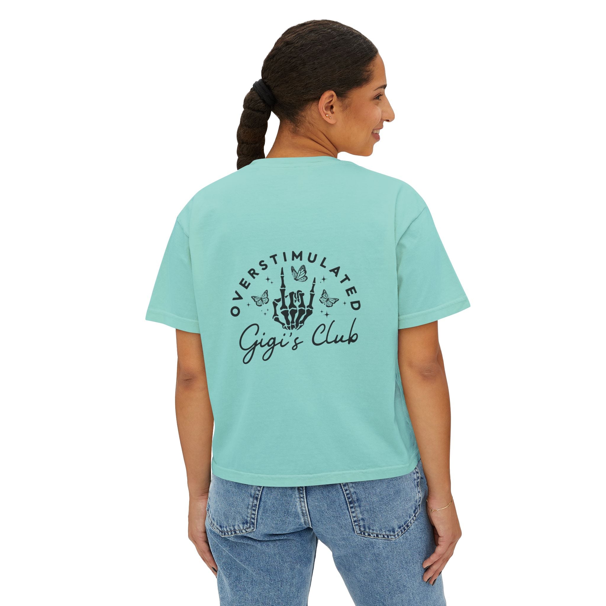 Oversimulated Gigi's Club Boxy Tee — Vintage Skeleton Hand Graphic