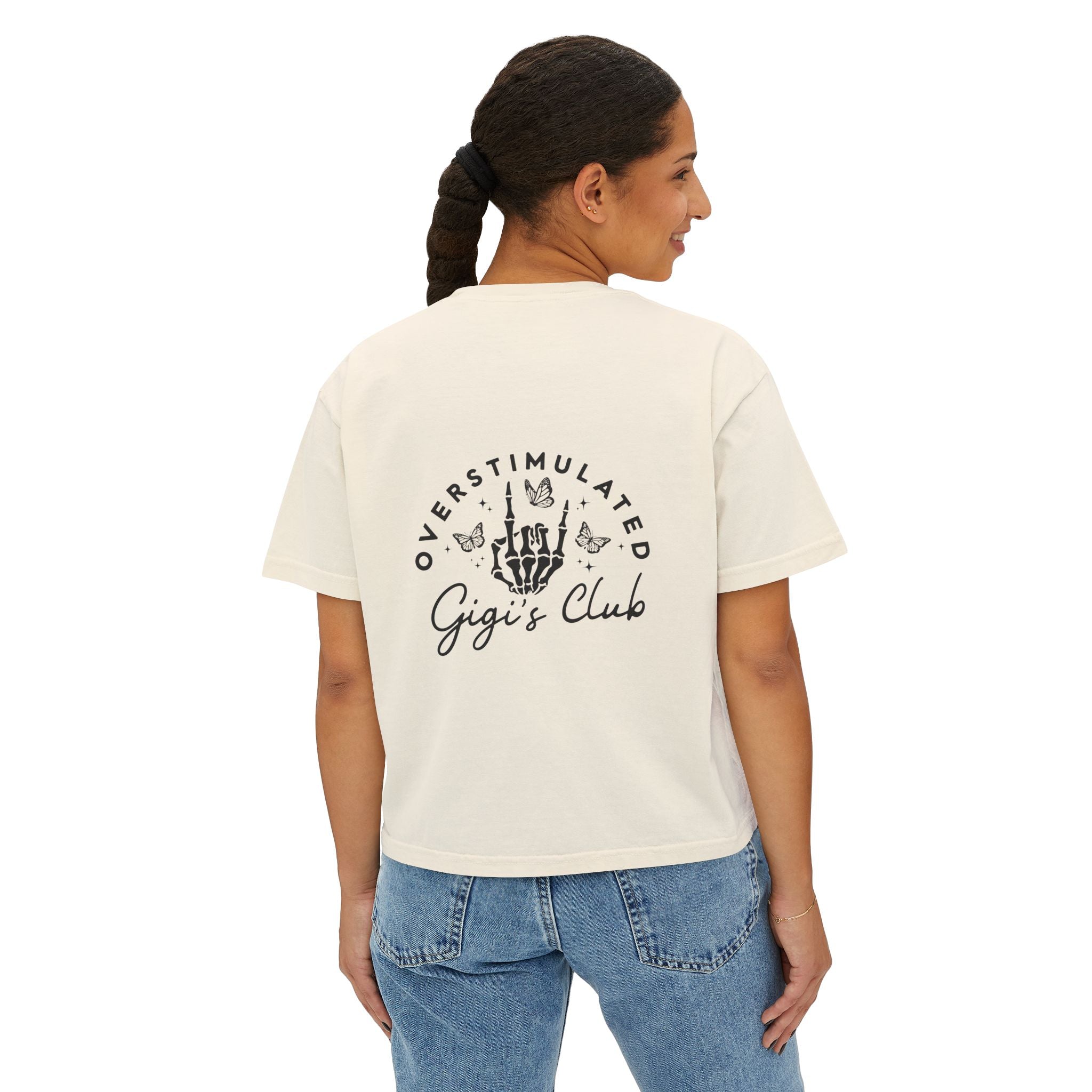 Oversimulated Gigi's Club Boxy Tee — Vintage Skeleton Hand Graphic
