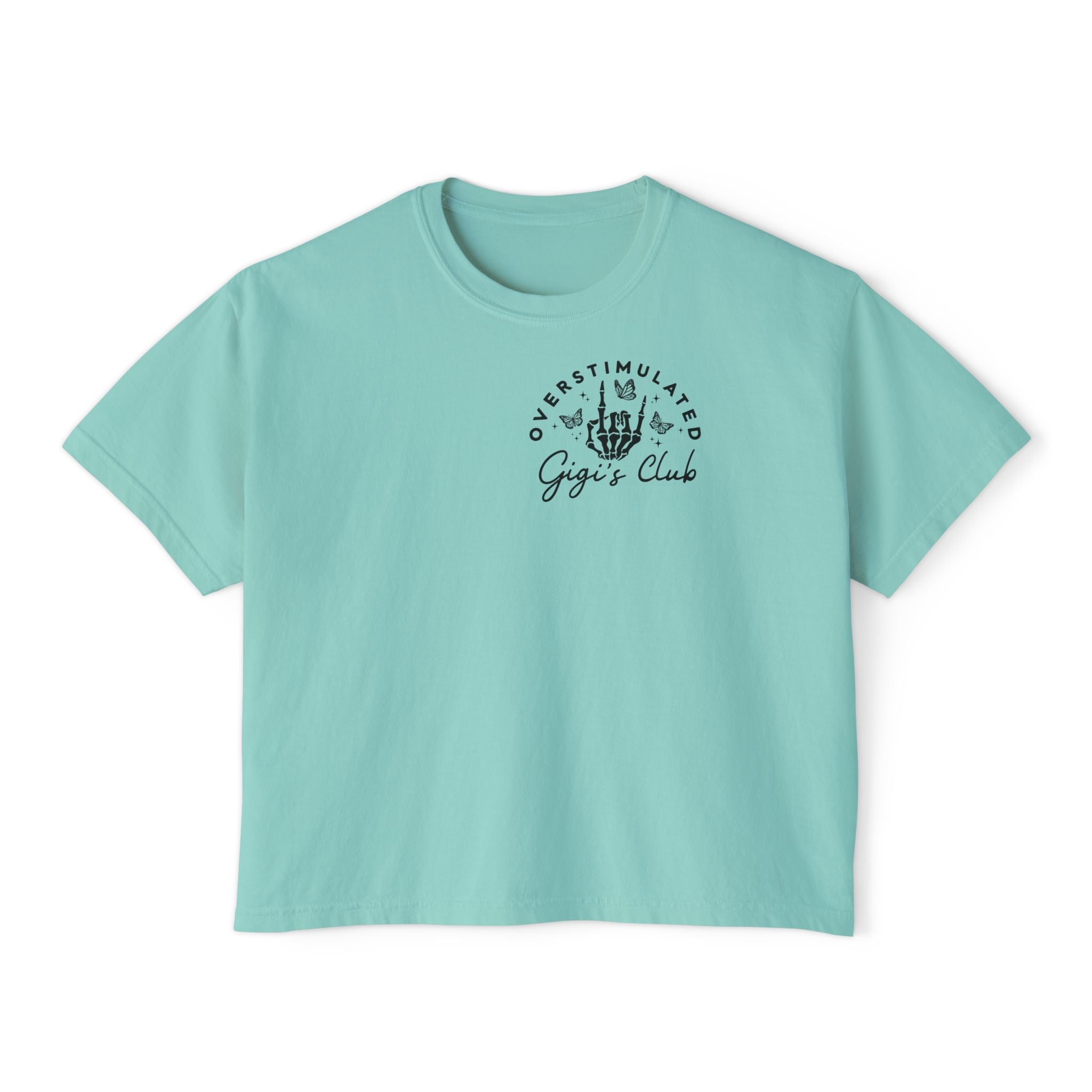 Oversimulated Gigi's Club Boxy Tee — Vintage Skeleton Hand Graphic