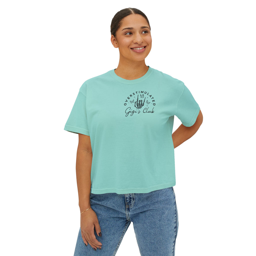 Oversimulated Gigi's Club Boxy Tee — Vintage Skeleton Hand Graphic