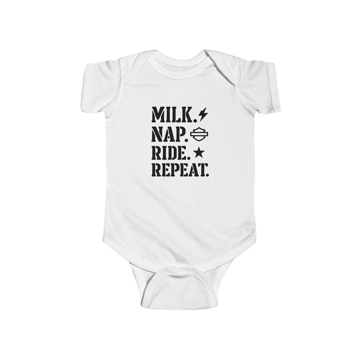 "Milk. Nap. Ride. Repeat." Baby onesie