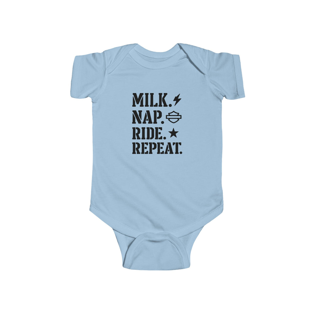 "Milk. Nap. Ride. Repeat." Baby onesie