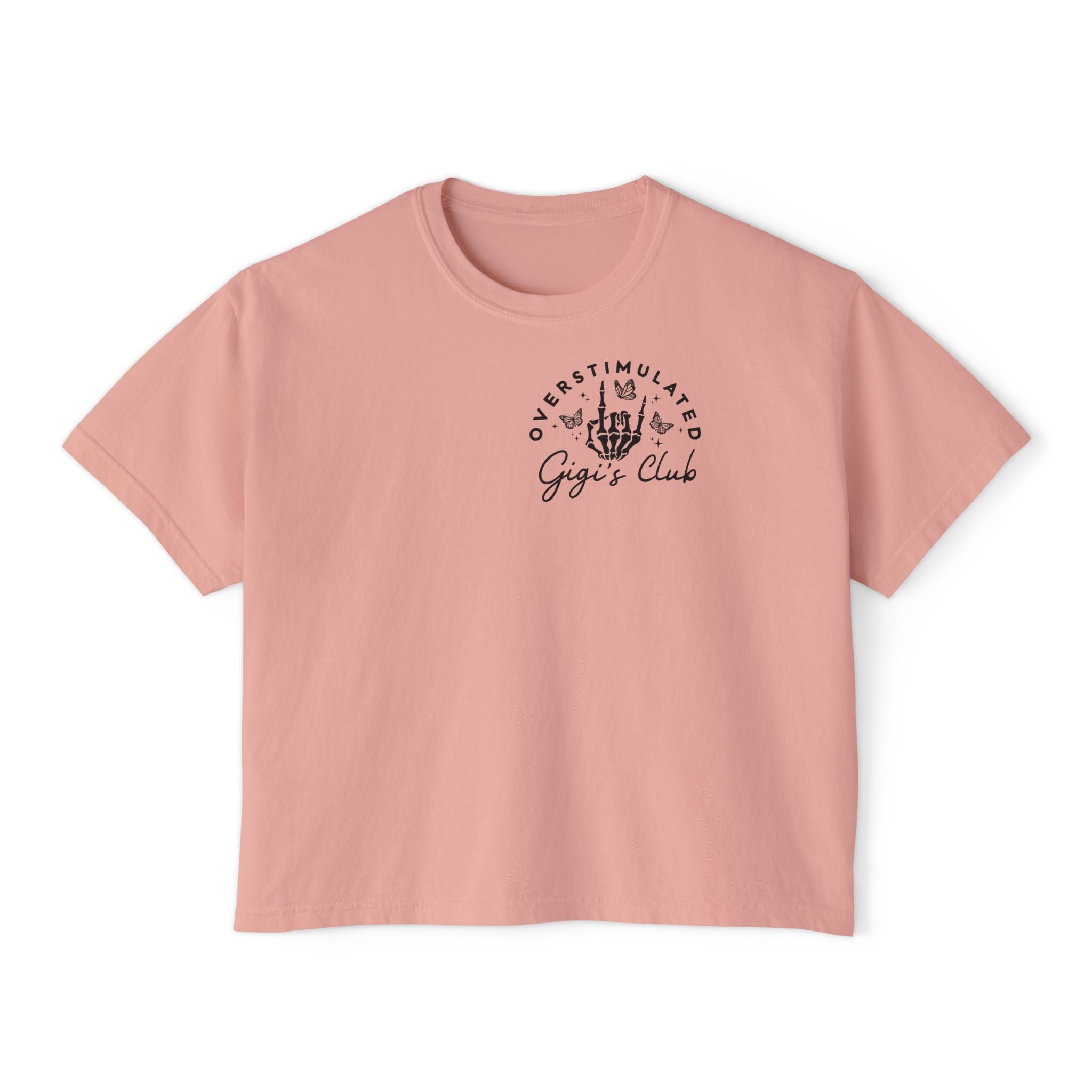 Oversimulated Gigi's Club Boxy Tee — Vintage Skeleton Hand Graphic