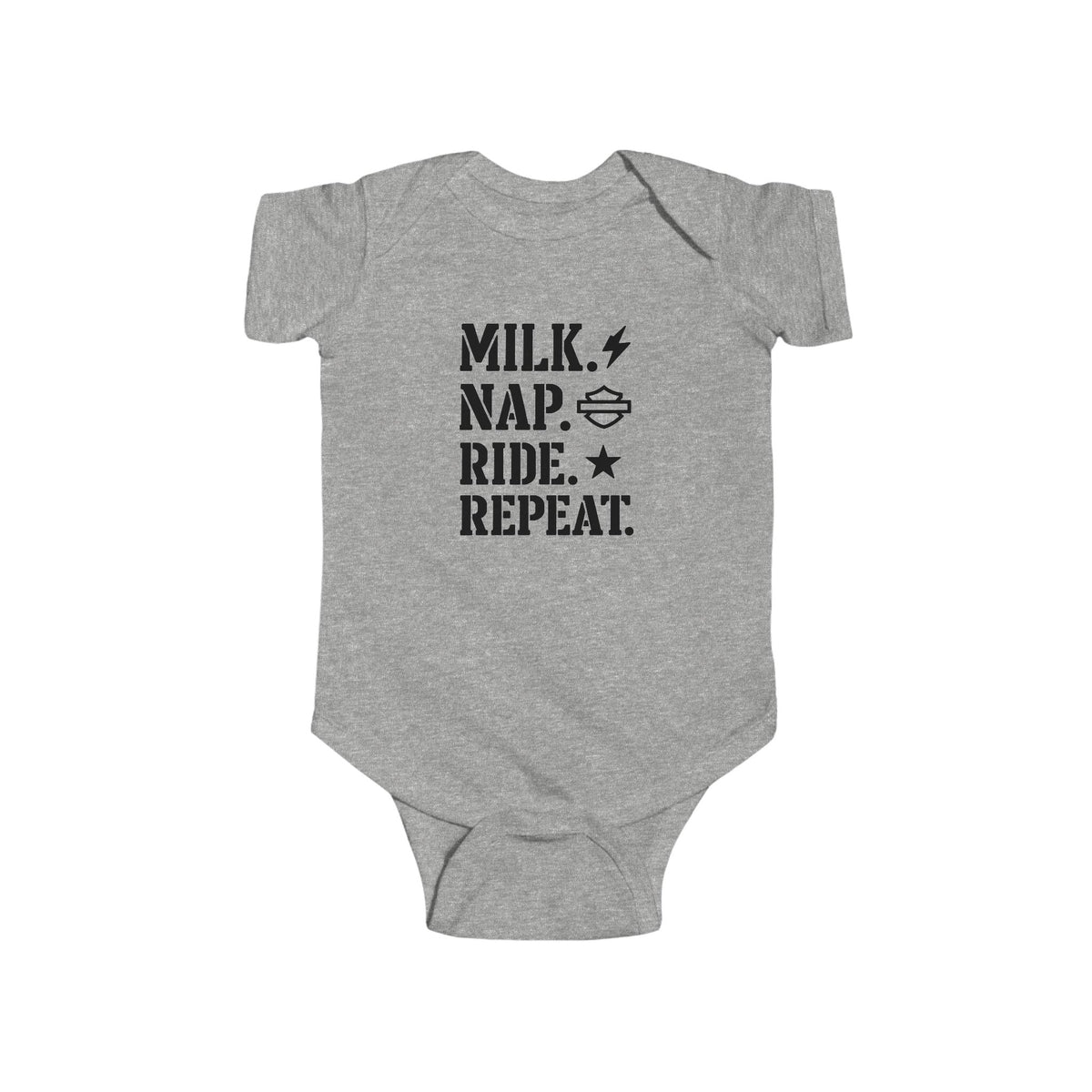 "Milk. Nap. Ride. Repeat." Baby onesie