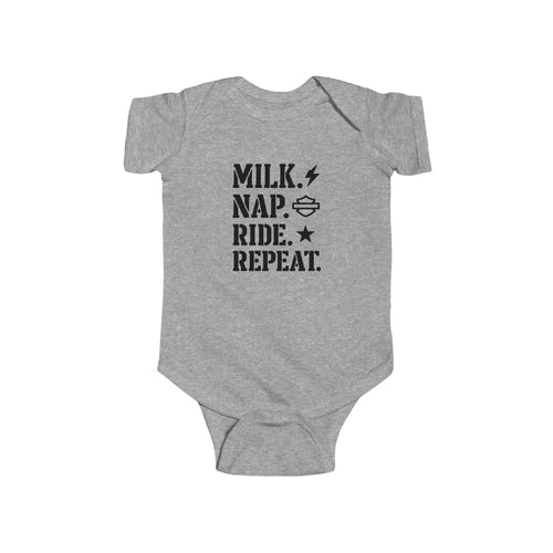 "Milk. Nap. Ride. Repeat." Baby onesie