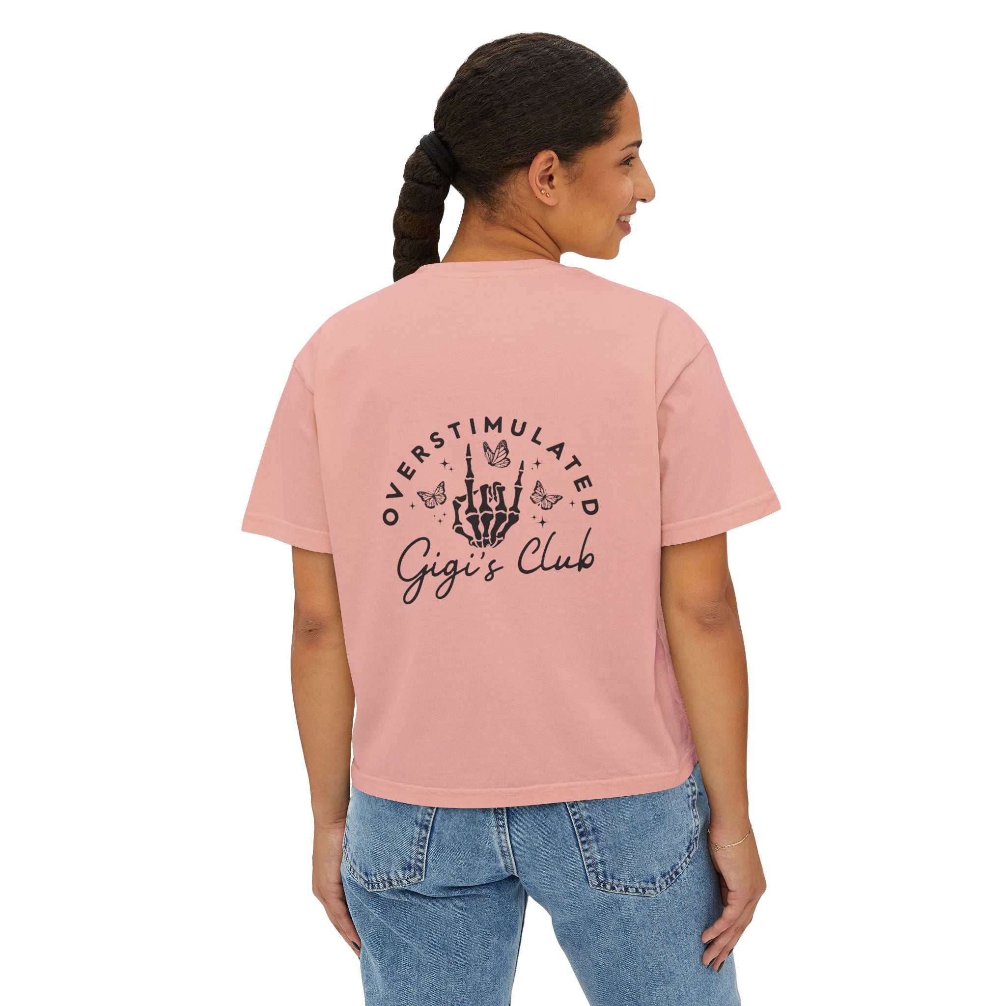 Oversimulated Gigi's Club Boxy Tee — Vintage Skeleton Hand Graphic